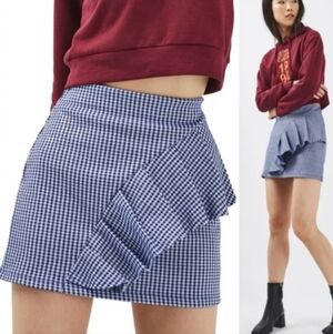 Topshop Blue White Gingham Check Ruffle High Waist Mini Skirt Women's 6 Summer